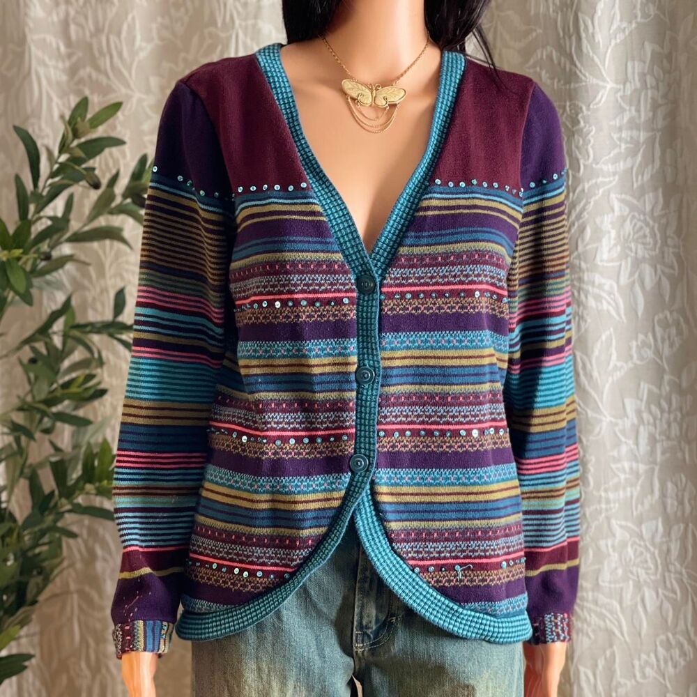 Vintage 90s Christopher & Banks Striped Knit Cardigan Purple Sequined Sweater L‎